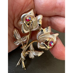 Vintage Florenza Double Rose Silver Enamel on Gold Tone Brooch Pin AB Stones